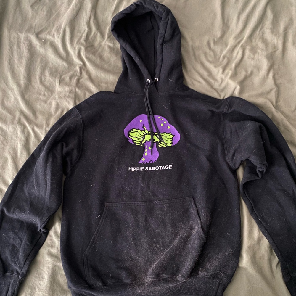 Port and Company Black Hoodie with Purple and Green Mushroom Design